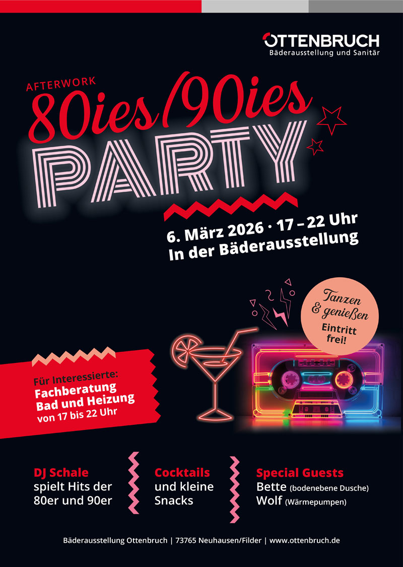 Afterwork - 80er/90er-Party in der Bäderausstellung am Freitag, 6. März 2026 von 17 bis 22 Uhr - Für Interessierte mit Fachberatung.