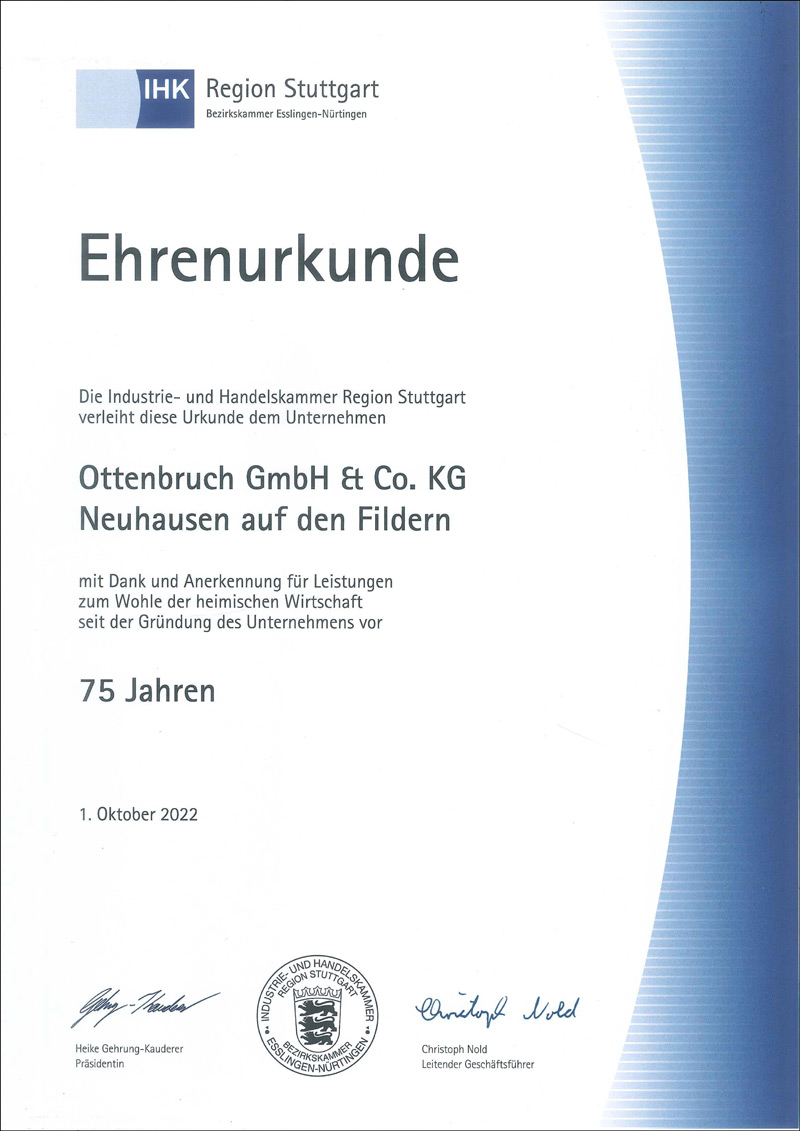 Ehrenurkunde der IHK zum 75jährigen Firmenjubläum