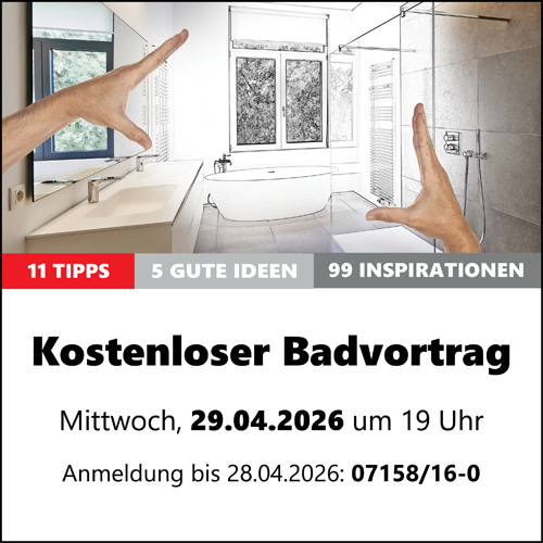 Kostenloser Badvortrag am Mittwoch, 29.4.2026 um 19 Uhr bei Bäderausstellung Ottenbruch, 73765 Neuhausen/F., Schurwaldstraße 19. Anmeldungen unter 07158/16-0