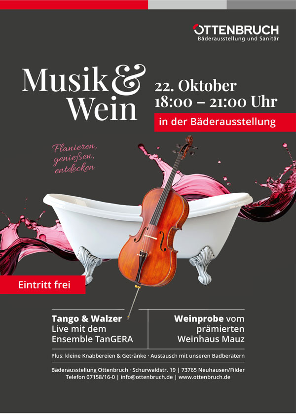 Musik & Wein in unserer Bäderausstellung in Neuhausen/Filder am Mittwoch, 22. Oktober 2025 von 18 bis 21 Uhr