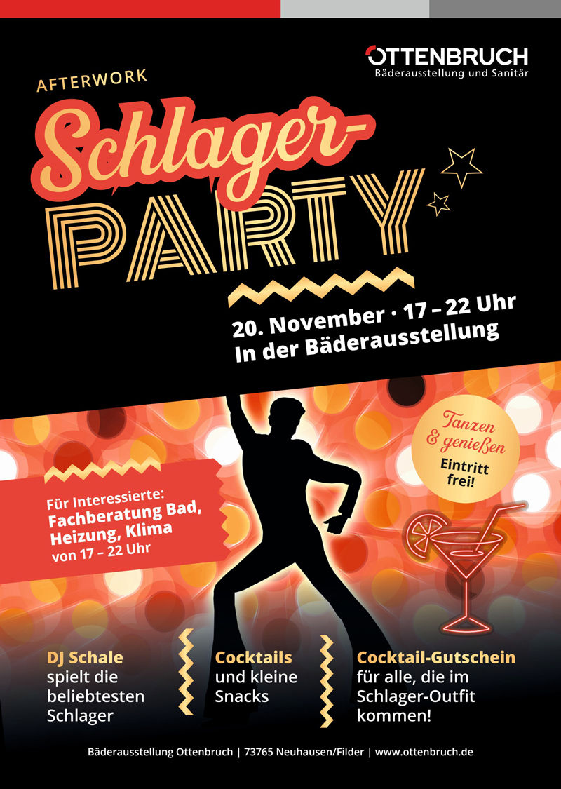 Schlager-Party in unserer Bäderausstellung in Neuhausen/Fildern am 20.11.2026 von 17 bis 22 Uhr. Jeder in einem Schlageroutfit bekommt einen Cocktailgutschein! Eintritt frei.