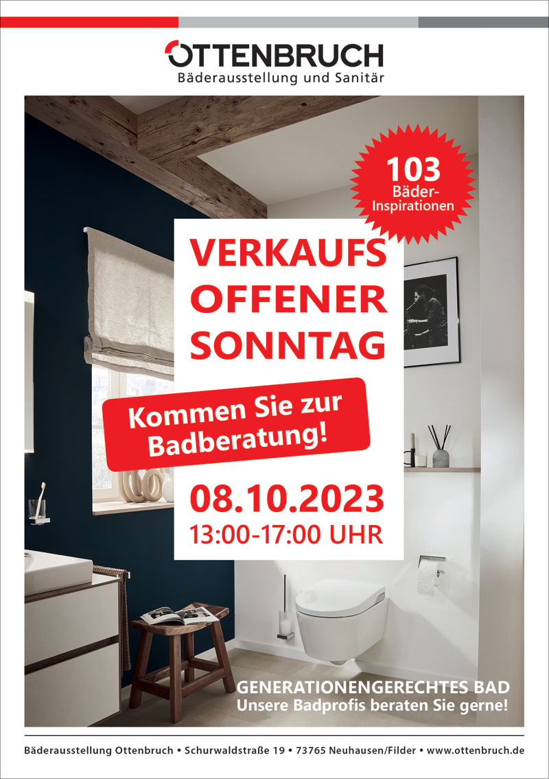 Verkaufsoffener Sonntag am 8. Oktober 2023 von 13 bis 17 Uhr. Kommen Sie zur Badberatung. 103 Bäderinspirationen warten auf Sie!