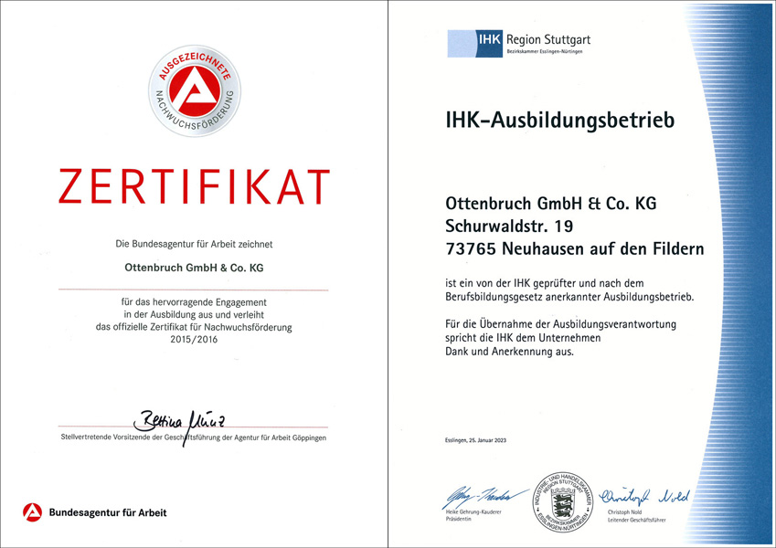 Die Firma Ottenbruch wurde von der Agentur für Arbeit und von der IHK für hervorragende Nachwuchsförderung ausgezeichnet. 