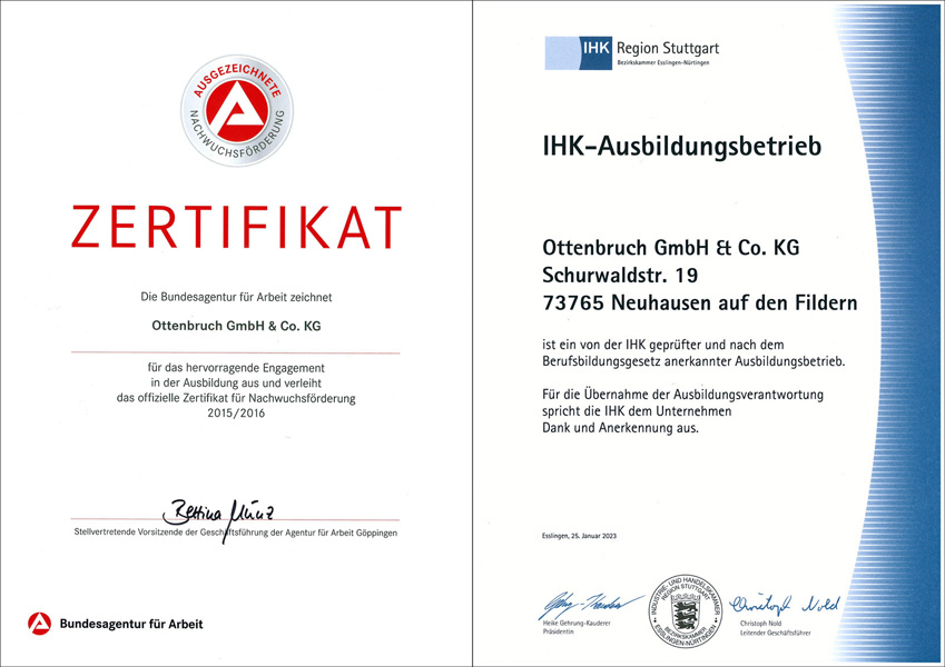 Die Firma Ottenbruch wurde von der Agentur für Arbeit und von der IHK für hervorragende Nachwuchsförderung ausgezeichnet. Die Firma Ottenbruch wurde von der Agentur für Arbeit und von der IHK für hervorragende Nachwuchsförderung ausgezeichnet.