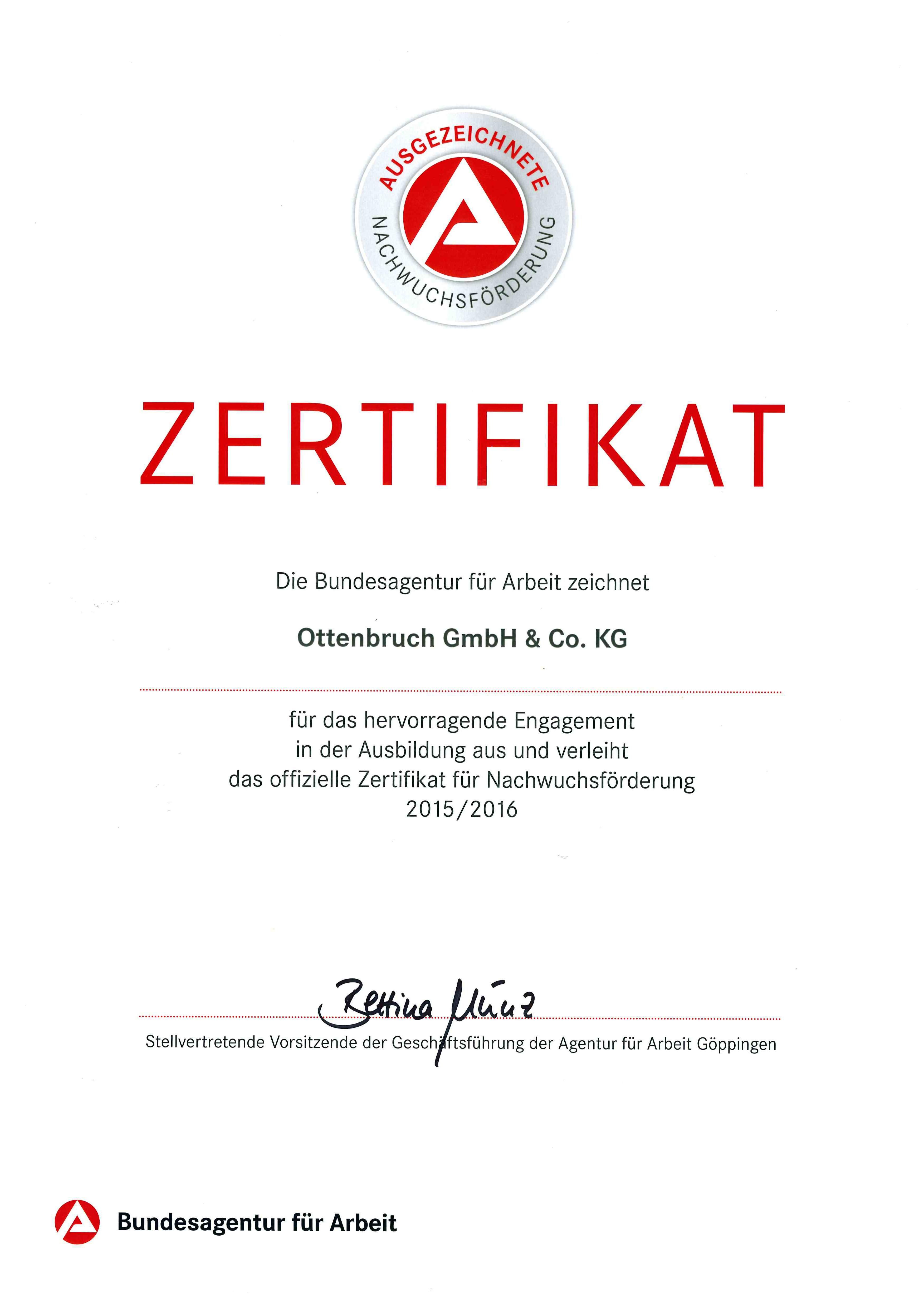 Die Firma Ottenbruch wurde von der Agentur für Arbeit für hervorragende Nachwuchsförderung ausgezeichnet. Die Firma Ottenbruch wurde von der Agentur für Arbeit für hervorragende Nachwuchsförderung ausgezeichnet.