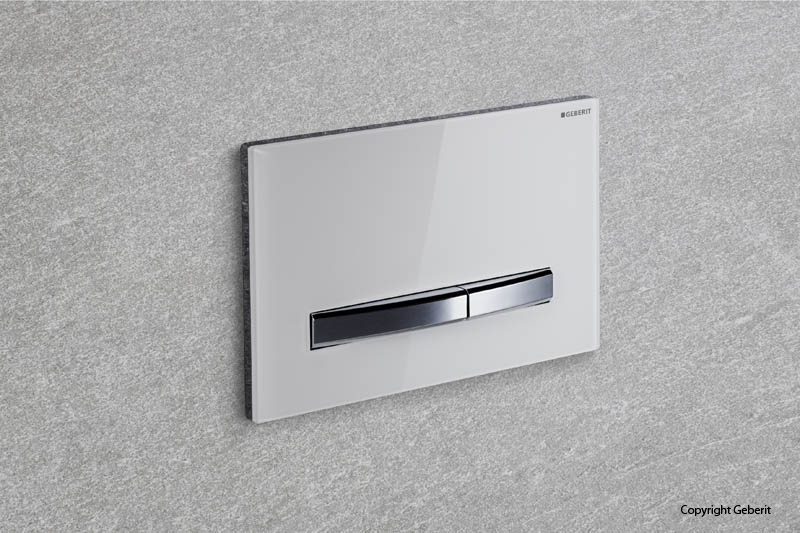Geberit Sigma Betätigungsplatte Toilette weiß Glas kleine Schalter in silber Geberit Sigma Betätigungsplatte Toilette weiß Glas kleine Schalter in silber