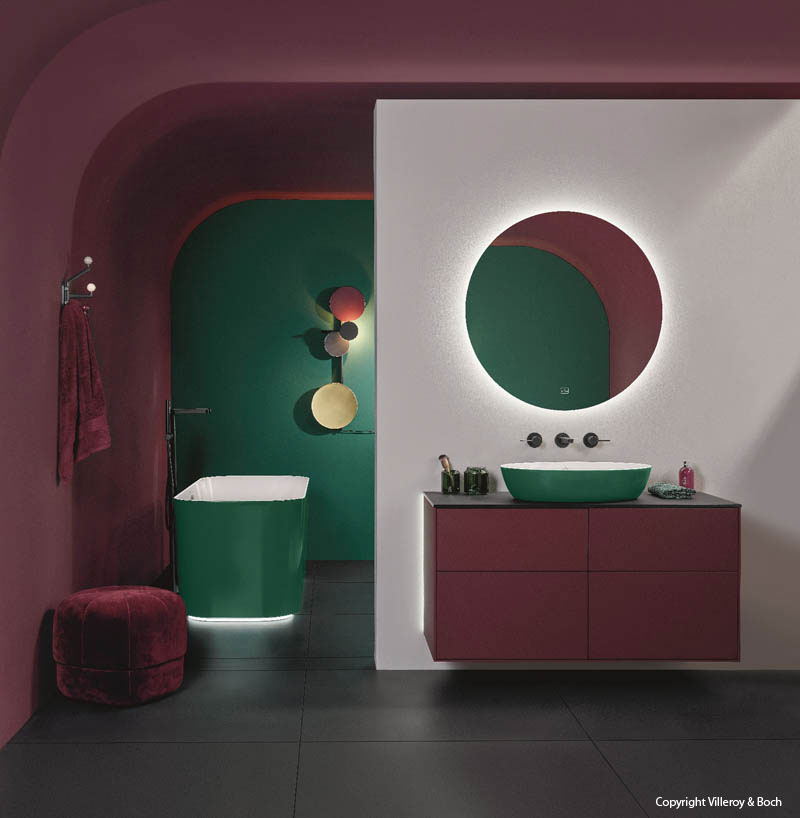 Villeroy & Boch Waschtisch Aufsatzschale grün Unterschrank rot Wandarmaturen schwarz