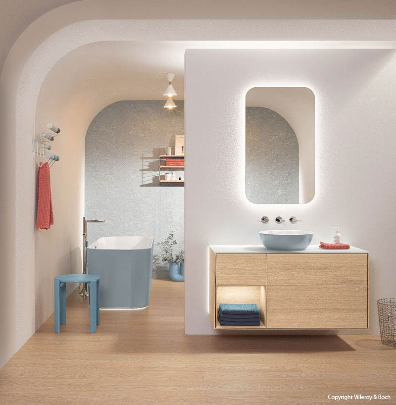 Villeroy & Boch Waschtisch Aufsatzschale hellblau Unterschrank Holzoptik Wandarmaturen Chrom