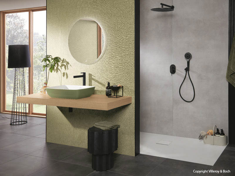 Villeroy & Boch Waschtisch Konsole Holzoptik Aufsatzschale hellgrün Armaturen schwarz