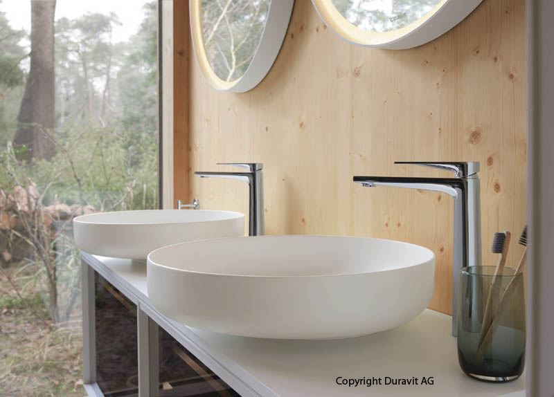 Duravit Serie Vitrium Waschtisch Aufsatzschale rund weiß Unterschrank weiß Armatur Chrom