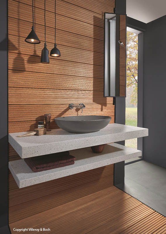 Villeroy & Boch Waschtisch Konsole hell marmoriert Aufsatzschale grau Armatur Chrom