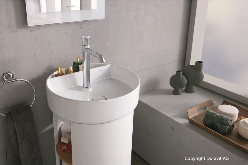 Duravit Stand-Waschtisch rund mit Boxen Bento Starck weiß Armatur Chrom