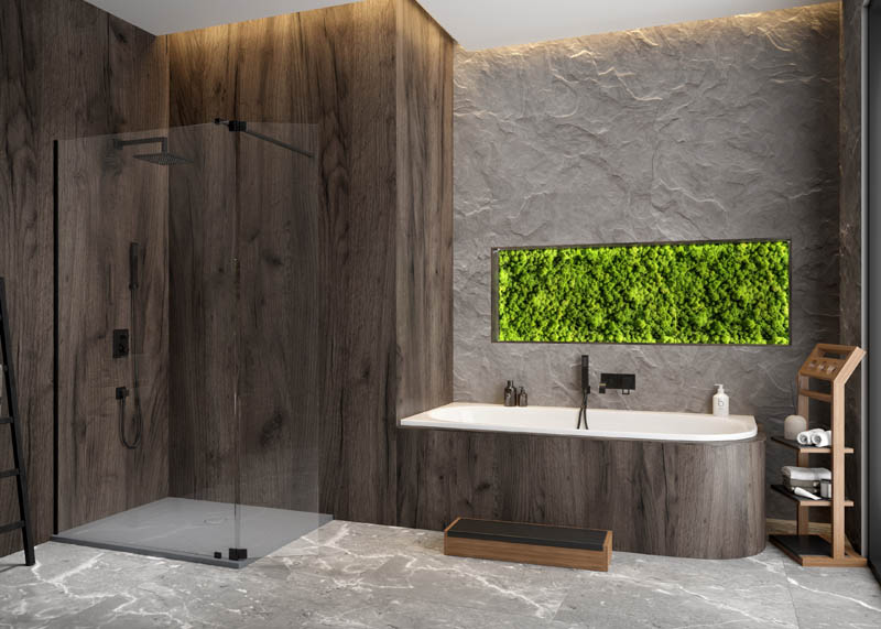 HOESCH Badewanne innen weiß Verkleidung Holzoptik ovale Form Vorwandmontage HOESCH Badewanne innen weiß Verkleidung Holzoptik ovale Form Vorwandmontage